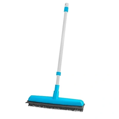 Image of HOMESHOPA Rubber Broom, Indoor Floor Carpet Sweeper Brush with Bristle, Squeegee Edge &amp; Long Handle, Sweeping Rake Remove Pet Cat Dog Hair From Flooring Pile Rug Kitchen Cleaning