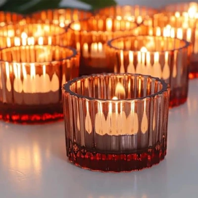 Image of Vohocandle Rose Gold Tea Light Holders set of 12 for Valentines Day, Ribbed Tealight Glass Wedding, Cute Votive Candle Holder Room Decor (3.5cmH *5cmW)