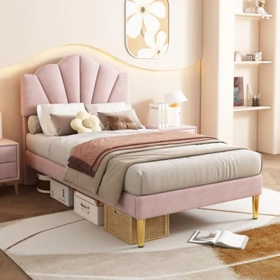 Image of ＭodernLuxe Upholstered Single Bed, 3FT Shell like Bed Frame with Golden Iron Legs and Height adjustable Headboard Filled High density Foam, Wooden Slatted Frame, Velvet Pink, 90x190cm