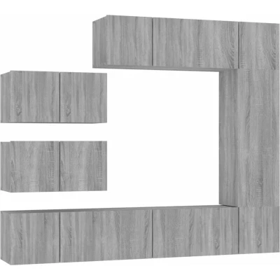 Image of vidaXL 8 Piece Grey Sonoma Engineered Wood TV Cabinet Set Stylish Modern Wall Mounted Design For Living Room Ample Storage Space