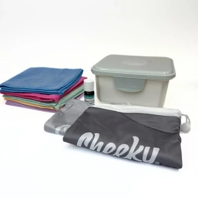 Image of Cheeky Wipes Reusable Hands &amp; Face Kit 25 Washable Rainbow Microfibre Baby Wipes, Storage Container, Travel Bags, and Fresh Essential Oil Soaking Solution (Grey, One Size)