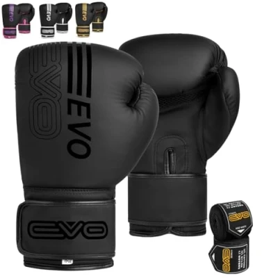 Image of EVO Fitness Matte Black Boxing Gloves Men Punch Bag Women Pink MMA Muay Thai Martial Arts Kick Sparring Training Fighting With Hand Wraps (16 OZ, Black)