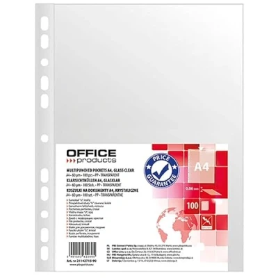 Image of Office Products Document Wallets/Transparent Pockets A4 / Pack of 100 Open Top Transparent Perforated Plastic Cover/Transparent 60 Micron/Reinforced Edge