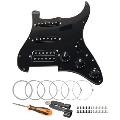 Image of Unxuey 11 Hole Loaded Prewired Pickguard Guard Plate with Black SSH Pickup Parts for Fender Strat SQ Guitar, 1Ply Black, Guitar Strings and Installation Tool