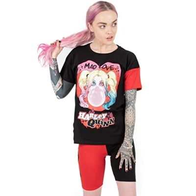 Image of DC Comics Harley Quinn Pyjamas For Women Adults Mad Love Black T Shirt With Red Cycle Shorts Villain Loungewear Merchandise XL