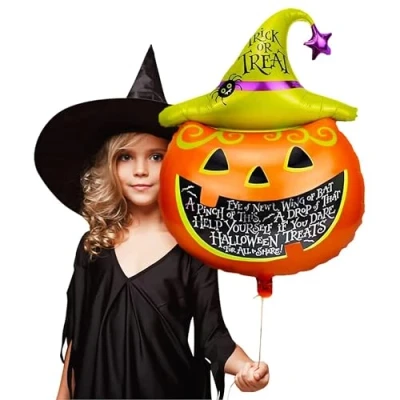 Image of Halloween Pumpkin Balloon Large 65 cm Foil Jack O Lantern With Spooky Message Party Indoor Outdoor Decorations (Pack of 9)