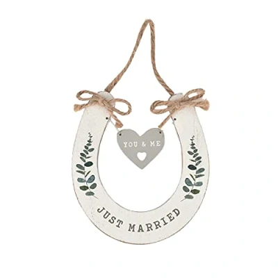 Image of &#039;Just Married&#039; Wedding Horseshoe White with Hanging Heart