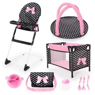 Image of Bayer Design 61760AB Doll highchair, Bed, Play Arch, Bag, Accessories, Black, Pink