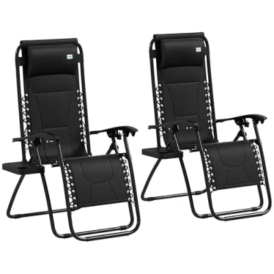 Image of Outsunny Zero Gravity Lounger Chair Set of 2, Folding Reclining Patio with Padded Seat, Cup Holder, Soft Cushion and Headrest for Poolside, Camping, Black