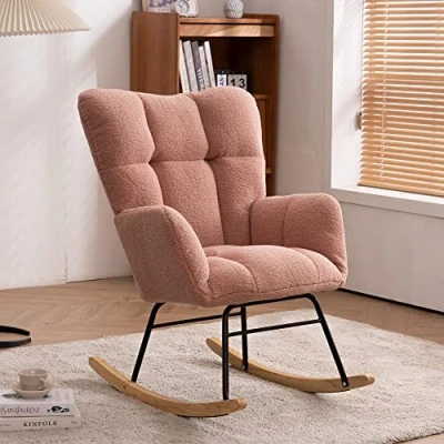 Image of ABIN Rocking Armchair, Mid Century Modern Teddy Fabric Tufted Chair Padded Seat, Leisure Relax Chair, Suitable for Living Room Bedroom Office Nursery (Pink Teddy)