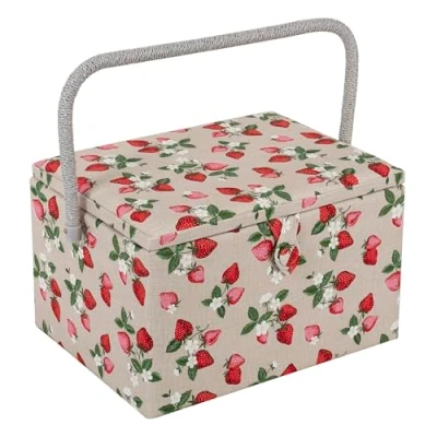 Image of Hobby Gift Exclusive Large Sewing Craft Storage Box, Accessories Tray Pin Cushion Pocket PVC Handle 23.5 x 31 20cm, Strawberries