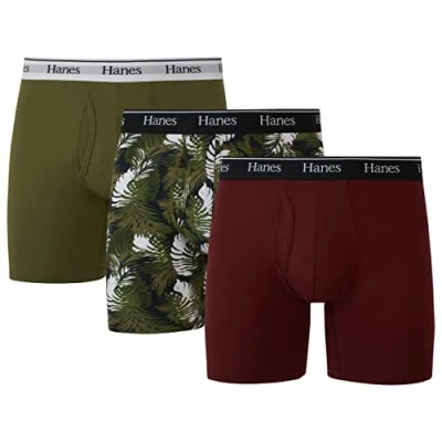 Image of Hanes Originals Men’s Boxer Briefs &amp; Trunks, Stretch Cotton Moisture Wicking Underwear, Modern Fit Low Rise, Multipacks, Regular Leg Maroon/Cargo Olive 3 Pack, S