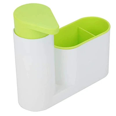 Image of Sink Caddy with Soap Dispenser Pump,Liquid Sponge Holder and Brush Holder,2 Compartment Kitchen Caddy,Countertop Liquid Dish Pump Bottle