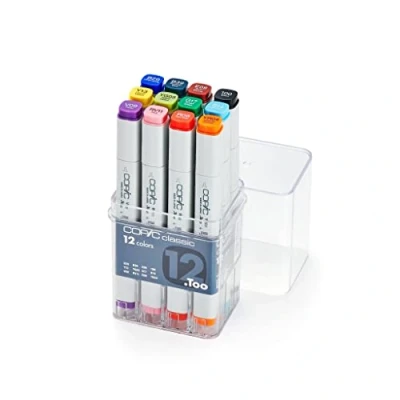 Image of COPIC Classic Coloured Marker Pen Set of 12 (Basic), for Art &amp; Crafts, Colouring, Graphics, Highlighter, Design, Anime, Professional Beginners, Supplies Colouring Books