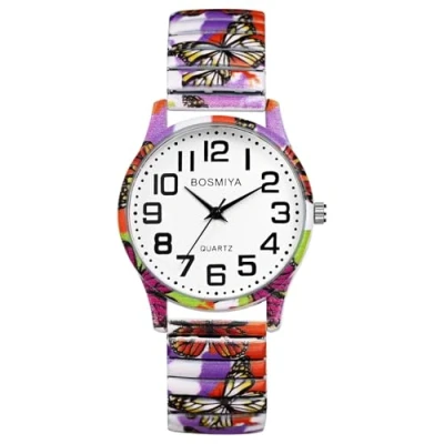 Image of JewelryWe Elastic Watches for Women: Easy Read Analog Quartz Stretch Band Watch Cute Butterfly Printing Expansion Wristwatch