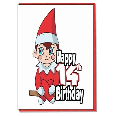 Image of AK Giftshop Red Elf 14th Birthday Card Teenager Girls Boys Son Grandson Daughter Grandaughter Friend