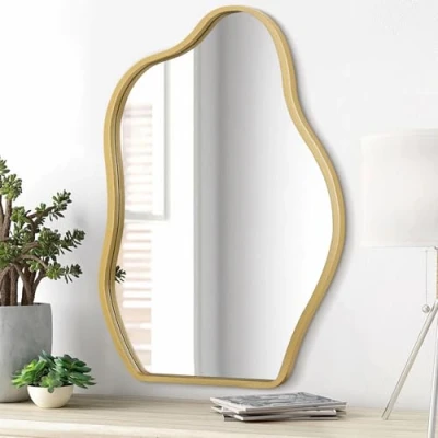 Image of Gold Irregular Mirror for Wall Decor Modern Asymmetrical Wooden Framed Unique Shape Vanity Artistic Wavy Decorative Living Room Bedroom Bathroom Entryway Gray