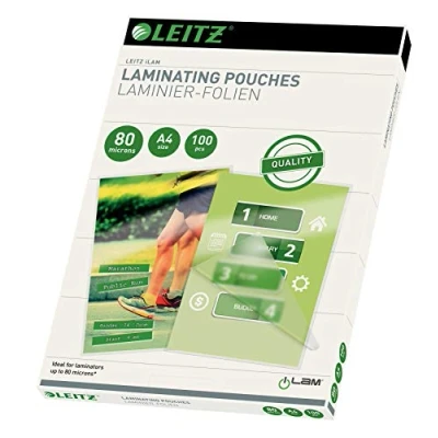 Image of Leitz 33818 Laminating Pouches Made of 80 Micron Thick Material (Transparent, Glossy, A4) Pack 100
