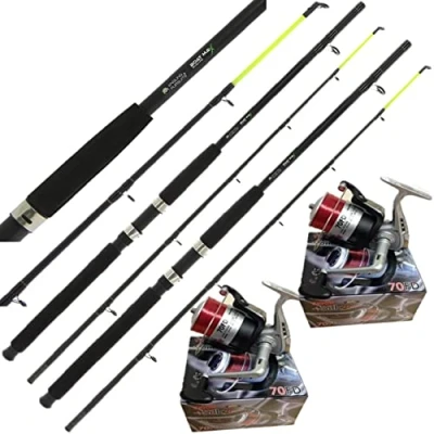 Image of Angling Pursuits 2 Sea Fishing Boat Rods 6FT Yellow Tip Max Beach + Silk 70 Red Reels