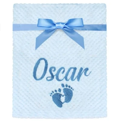 Image of TeddyT&#039;s Personalised Embroidered Baby Boy&#039;s Footprint Blue Fluffy Waffle Blanket