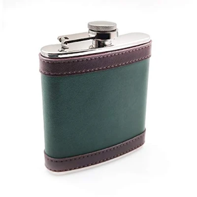 Image of Dark Green Leather Wrapped Hip Flask 6oz (Approx 177ml) 18/8 Stainless Steel YM160JW