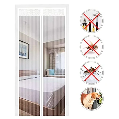 Image of Magnetic Screen Door, Polyester Door Fly Curtain Magic Paste Curtains Super Quiet Stripes Encryption for Anti Mosquito or Pest Soft (White, 120x220 cm)