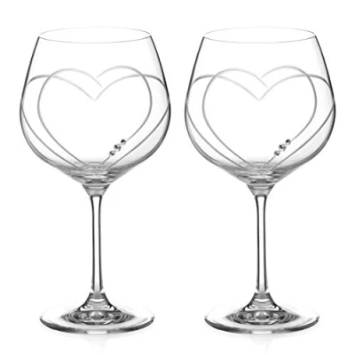 Image of DIAMANTE Swarovski Gin Copa Glasses Pair &#039;Toast Heart&#039; Adorned with Crystals Burgundy Gift Box