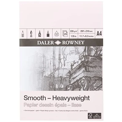 Image of Daler Rowney Smooth 220gsm A4 Heavyweight Drawing Paper Pad, Glued 1 Side, Acid free, 25 Natural White Sheets, Ideal for Professional Artists &amp; Students
