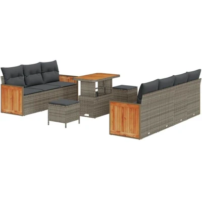 Image of vidaXL 10 Piece Garden Sofa Set with Cushions Grey Poly Rattan Acacia