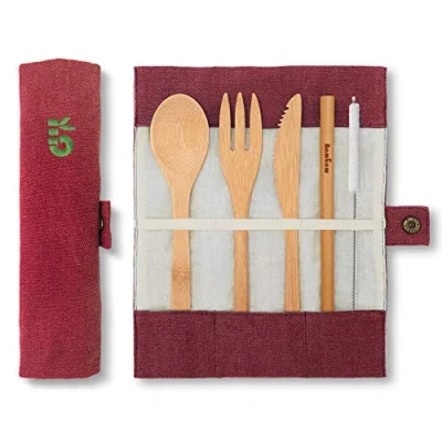Image of Reusable Bamboo Cutlery Set Travel Knife, Fork, Spoon, Straw Wooden Utensils in Pouch Utensil Picnic 20 cm Berry Bambaw