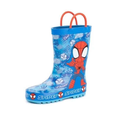 Image of Marvel Spiderman Boys Wellington Boots Kids Handle Wellies with Character and Web Print in Blue Red Water Resistant Pull On Rubber for Children Animation Movie Merchandise