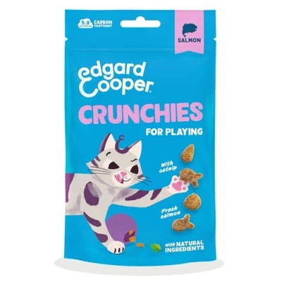Image of Edgard &amp; Cooper natural cat treats, salmon crunchies (1 x 50g bag), grain free and packed with fresh meat, added catnip for playing, ingredients no sugar