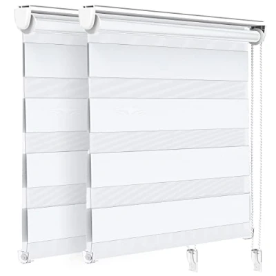 Image of VOUNOT Set of 2 Zebra Roller Blind Double Fabric, Day and Night Translucent or Blackout Vision Curtains, No Drilling for Window Door, White, 100 x 150 cm