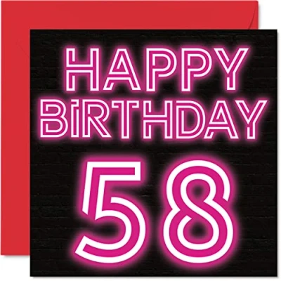 Image of Fun 58th Birthday Cards for Men Woman Neon Glow Happy Card Dad Mum Grandad Nanny Grandma Uncle Auntie Cousin Friend, 145mm x Greeting Cards,