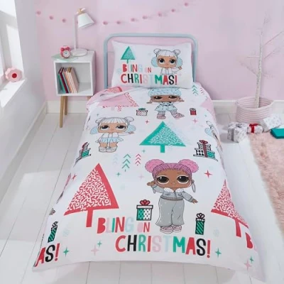 Image of L0L Single Duvet Cover Set Christmas Themed Officially Licensed Kids Bedding Reversible Soft Polycotton Quilt with Pillowcase Festive Design for Girls Bedroom 135x200 cm