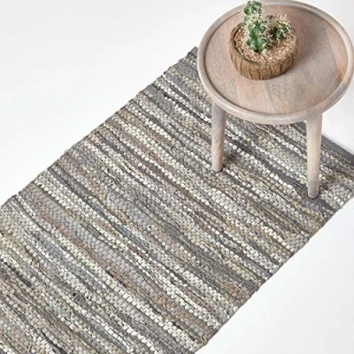 Image of HOMESCAPES Leather Rug Denver Grey Hall Runner Recycled Eco Friendly 100% Real Rug, Multipurpose