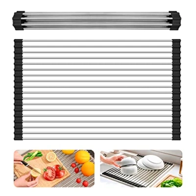 Image of WOODFIB Roll Up Dish Drying Rack, Kitchen Over Sink Drainer Foldable Multi Use Drainers with Non Slip Silicone and 304 Stainless Steel Pipe (43cm x 35cm,Black)