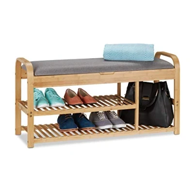 Image of Relaxdays Bench with seat, Ample Storage Room, Shoe Rack, Ottoman, Bamboo, 2 Shelves, Natural Finish/Grey, 100.5 x 33 50 cm