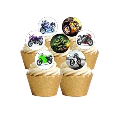 Image of 24 PRE CUT Motorbike Themed Edible Wafer Paper Round Cake Toppers Decorations