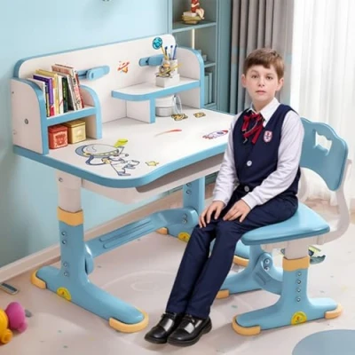Image of iondelce Kids Desk Chair Set,Adjustable Height Study Set with Castle Backboard, Widened Desktop, Bookstand and Storage Drawer Perfect Learning Gift (Blue)