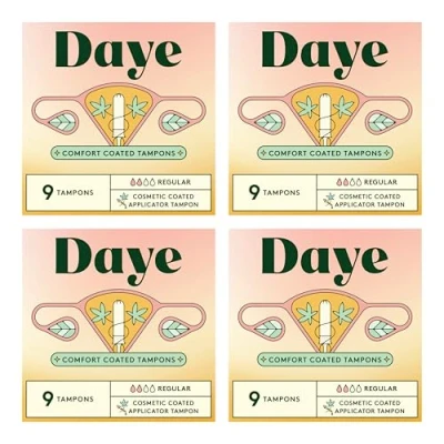 Image of Daye CBD and Organic Tampons with Sugarcane Applicator, No Shed Sleeve, Ocean Safe Flushable Wrapper, 100% Cotton (Regular Absorbency) (CBD Regular, 36, Count)