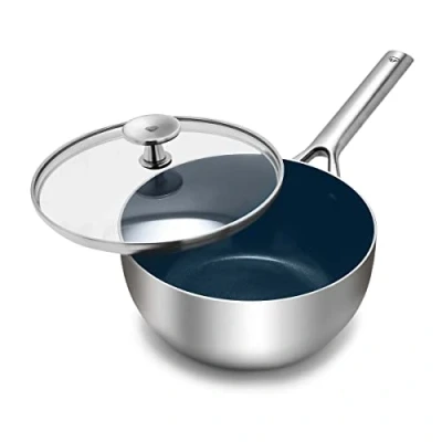 Image of Blue Diamond Cookware Triple Steel Stainless Ceramic Nonstick 20 cm/2.4 Litre Chef Sauté Pan with Lid, Tri ply, PFAS Free, Multi Clad, Induction,Oven Safe, Silver