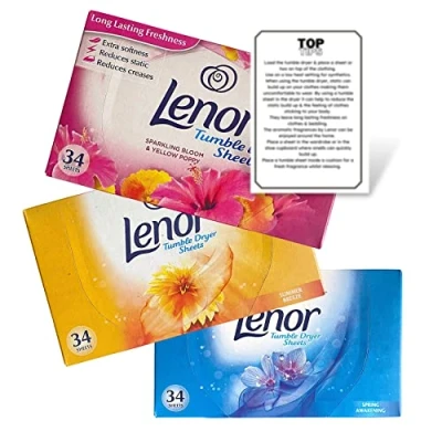 Image of Tumble Dryer Sheets Lenor Spring Awakening, Summer Breeze, Sparkling Bloom Poppy &amp; Top Tips Guide (Pack of 3 plus Guide), 34 Count 3)