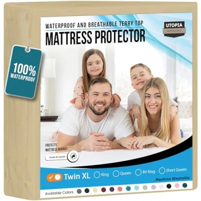 Image of Utopia Bedding Waterproof Mattress Protector Twin XL Size, Premium Terry Cover 200 GSM, Breathable, Fitted Style with Stretchable Pockets (Beige)