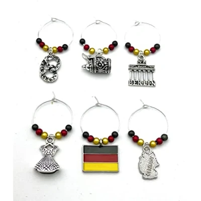 Image of Libby&#039;s Market Place Set of 6 Germany Deutschland Wine Glass Charms with Organza Gift Bag