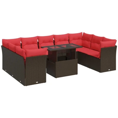 Image of vidaXL 10 Piece Garden Sofa Set with Cushions Brown Poly Rattan Acacia