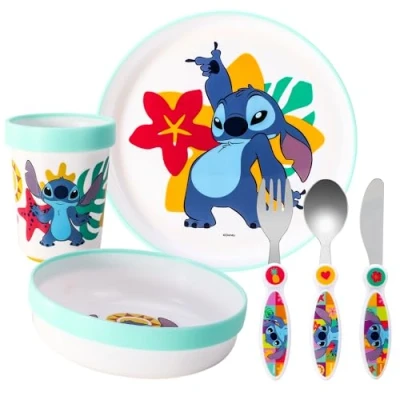 Image of Stitch Kids 6 Piece Reusable Dinner Set Plate/Bowl/Cup/Knife/Fork/Spoon Childrens Dinnerware Tableware Cutlery