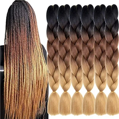 Image of Brown Braiding Hair Kanekalon Synthetic Extensions 24 inches 6 Packs Braids Ombre Jumbo Twist Crochet for Women(C14) (Black to Light Brown)