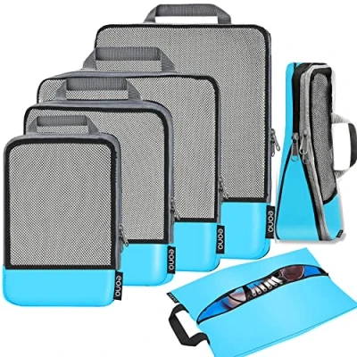 Image of Eono Compression Packing Cubes, Luggage Organiser Set, Extensible Suitcase Organiser, Organisers for Suitcases, Cubes Travel or Home Storage Blue, 6 Set