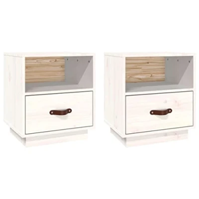 Image of vidaXL Bedside Cabinets Set of 2 Farmhouse Style Nightstand with drawersSolid Pinewood ConstructionPerfect for Bedroom Elegant White Colour, Storage, Easy Assembly